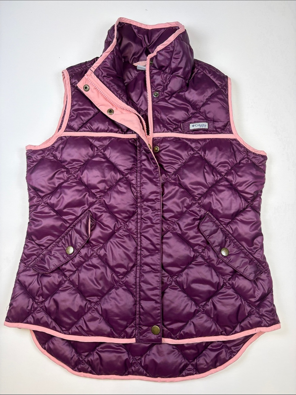 COLUMBIA PURPLE PINK TRIM DIAMOND QUILTED PUFFER VEST WOMENS SIZE MEDIUM